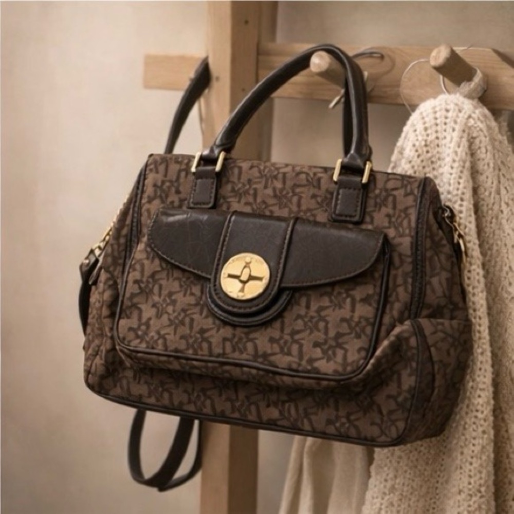 Vintage DKNY Monogram Satchel Handbag • Brown Logo Print. Read Description - Picture 4 of 8